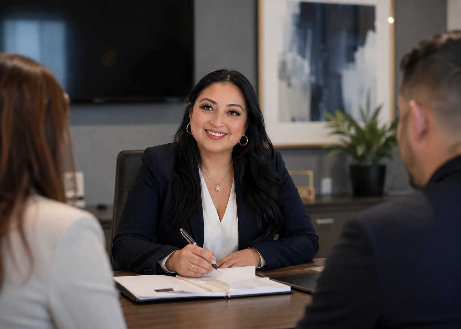 Sandra Coronado en reunión con clientes revisando el plan de crédito.